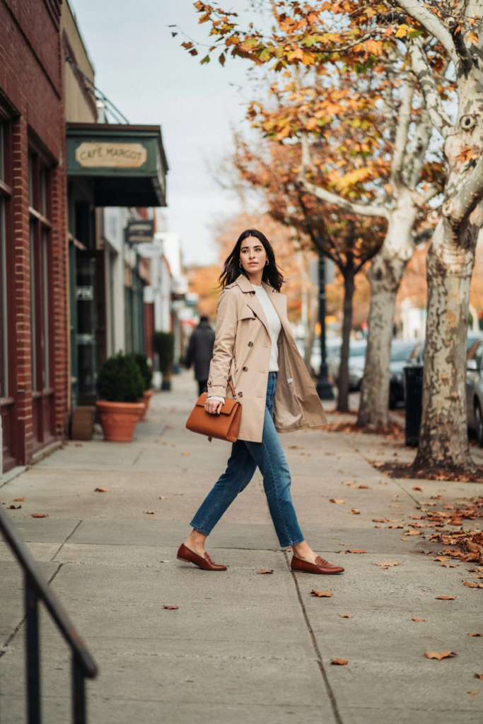 Woman wearing straight-leg blue jeans, white fitted sweater, beige trench coat, brown loafers and leather handbag, autumn city sidewalk