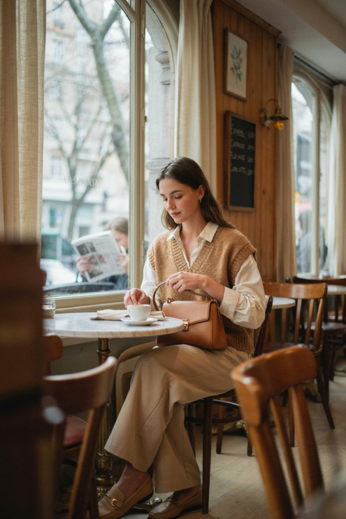 Woman wearing an ivory button-down shirt layered under a camel sweater vest, wide-leg beige trousers, loafers and structured handbag, elegant autumn cafe setting
