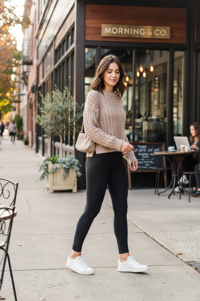 woman wearing sleek black leggings with an oversized oatmeal knit sweater, white minimalist sneakers,