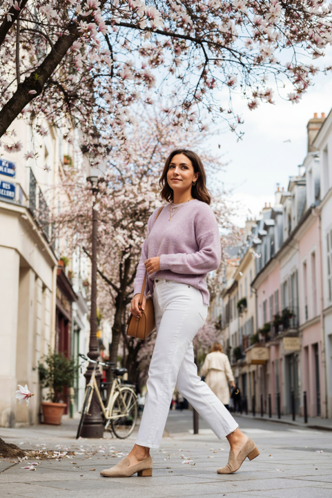 woman wearing high-waisted white straight-leg jeans, soft lavender lightweight knit sweater, beige loafers, small tan handbag, and delicate jewelry,