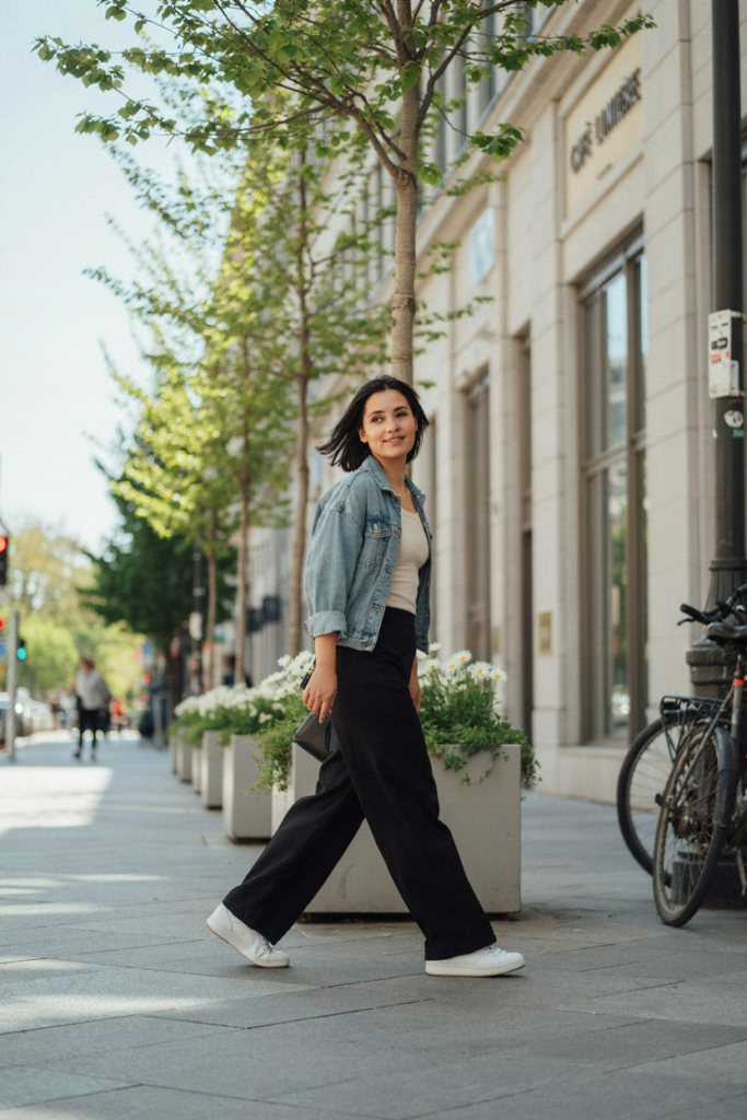 woman wearing high-waisted black wide-leg trousers, fitted ivory tank top, cropped light-wash denim jacket, white sneakers, and black shoulder bag