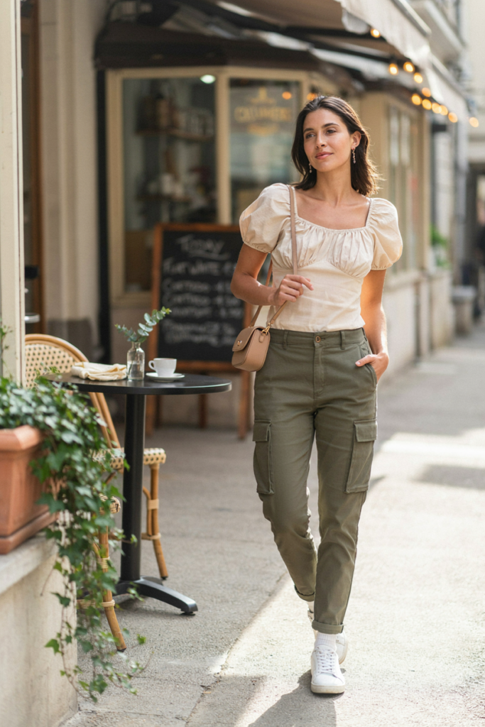 a stylish woman wearing relaxed olive cargo pants with a feminine cream puff-sleeve blouse, white sneakers, small tan crossbody bag, delicate gold earrings