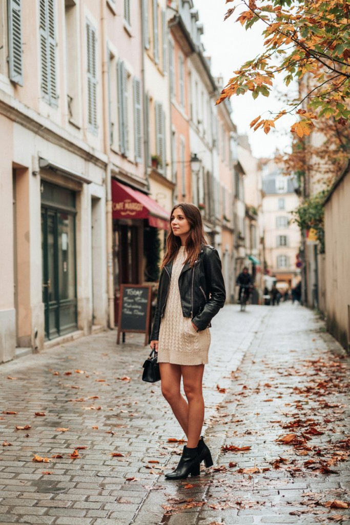Woman wearing a cream sweater dress with a cropped black leather jacket, black ankle boots and small handbag, autumn city background