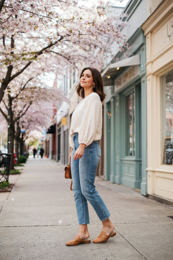 woman wearing high-waisted cropped straight-leg jeans, loose ivory blouse with subtle balloon sleeves, tan loafers, small brown handbag, and gold hoop earrings
