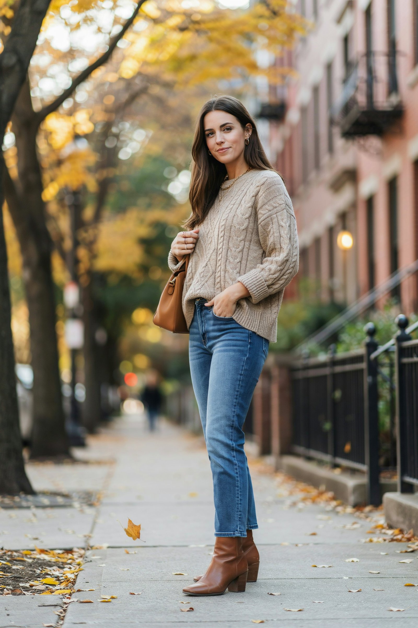 A confident woman in a cream cable-knit sweater, blue jeans, and brown boots stands on an autumn city sidewalk, framed by golden leaves and brick buildings.