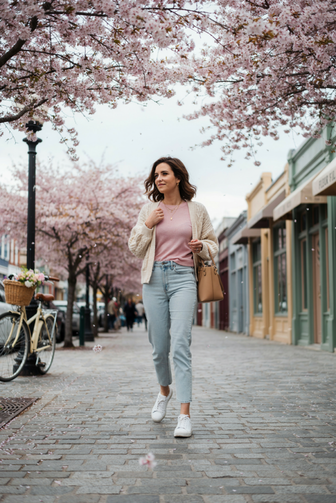 Curvy midsize woman wearing high-waisted light-wash straight-leg jeans, soft pink fitted knit top, cream cardigan draped over shoulders, white sneakers, tan handbag, and delicate gold jewelry.