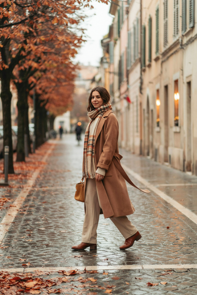 Woman wearing beige trousers, cream sweater, camel long coat, oversized plaid scarf, brown ankle boots and leather handbag.