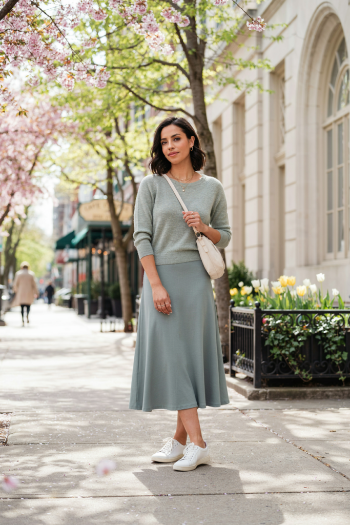 Curvy midsize woman wearing a soft sage green matching lightweight knit top and midi skirt set, white sneaker