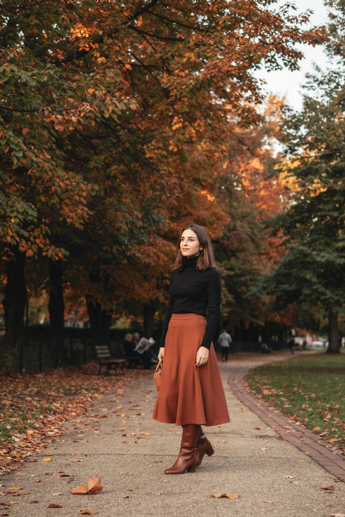 Woman wearing a fitted black turtleneck, flowing rust-colored midi skirt, brown knee-high boots and small leather handbag, autumn city park.