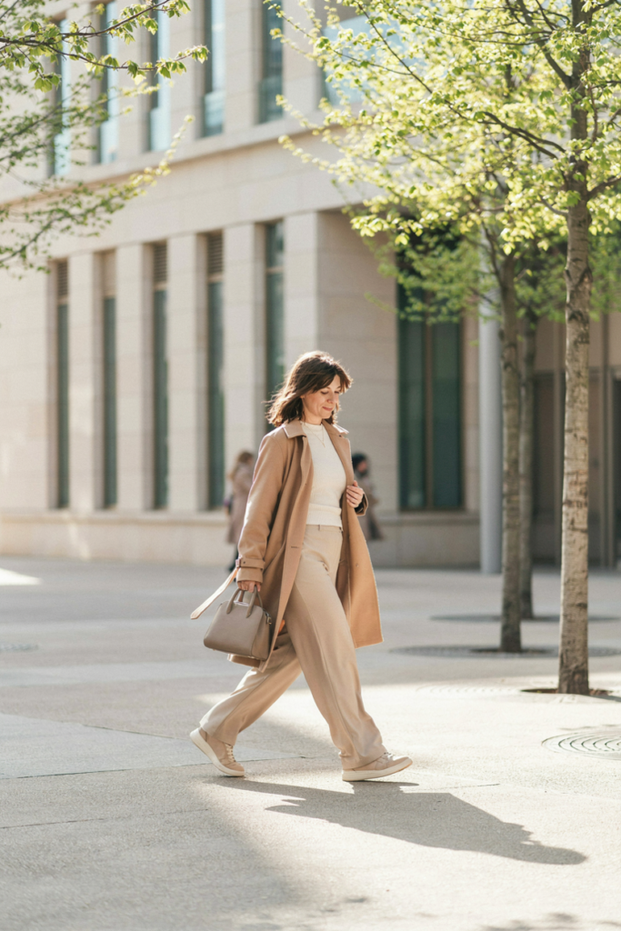 woman wearing beige wide-leg trousers, cream fitted knit top, lightweight camel trench coat, beige sneakers, and neutral handbag, walking through a modern spring city with green trees and soft sunlight