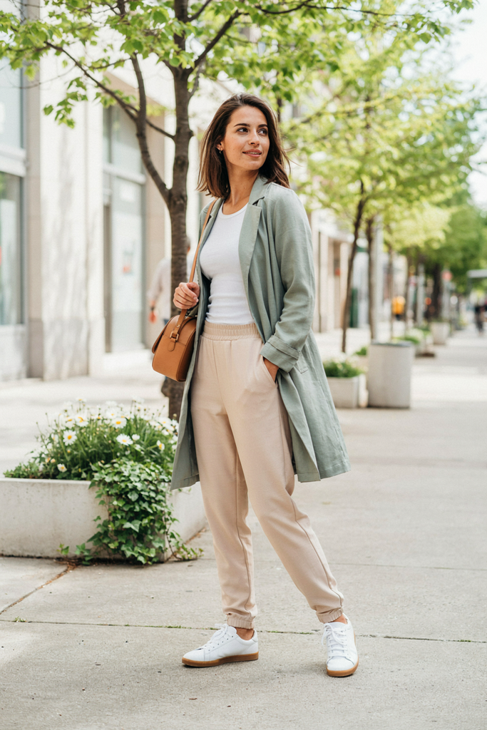 Curvy midsize woman wearing relaxed beige jogger-style trousers, fitted white tank top, lightweight sage trench coat, clean white sneaker.