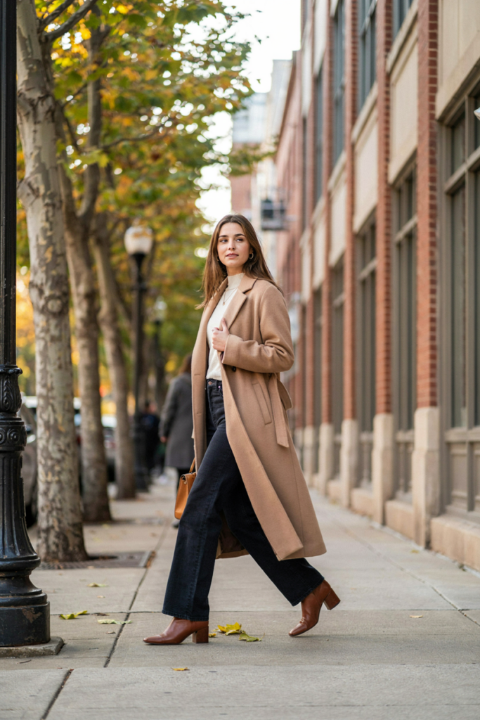 a woman wearing a cream fitted sweater with dark wide-leg jeans and a long camel coat.