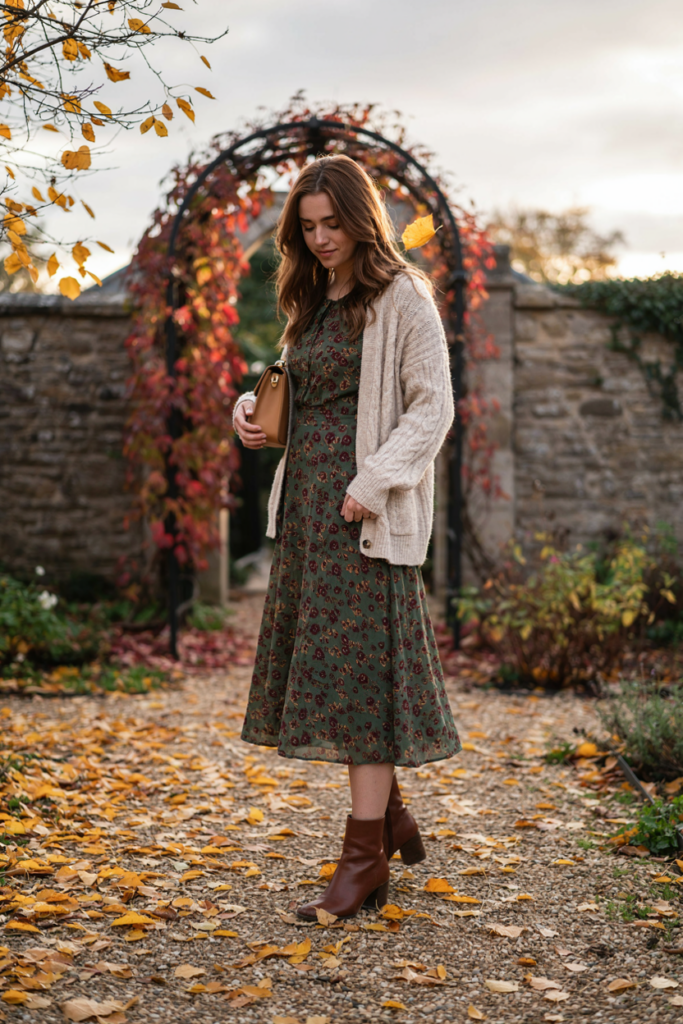 Woman wearing a dark floral midi dress, oversized cream cardigan, brown ankle boots and small handbag, autumn garden with golden leaves.