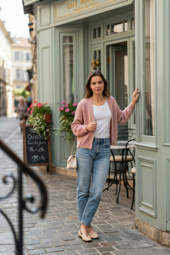 a woman wearing a soft dusty-pink cardigan over a simple white fitted top, medium-wash straight-leg jeans, beige ballet flats, small cream handbag, delicate jewelry, standing beside a charming café with subtle flowers