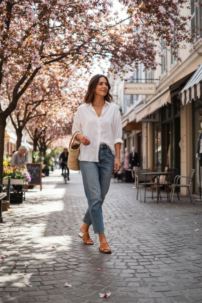 woman wearing high-waisted medium-wash straight-leg jeans, oversized white linen button-down shirt, tan leather sandals, woven handbag