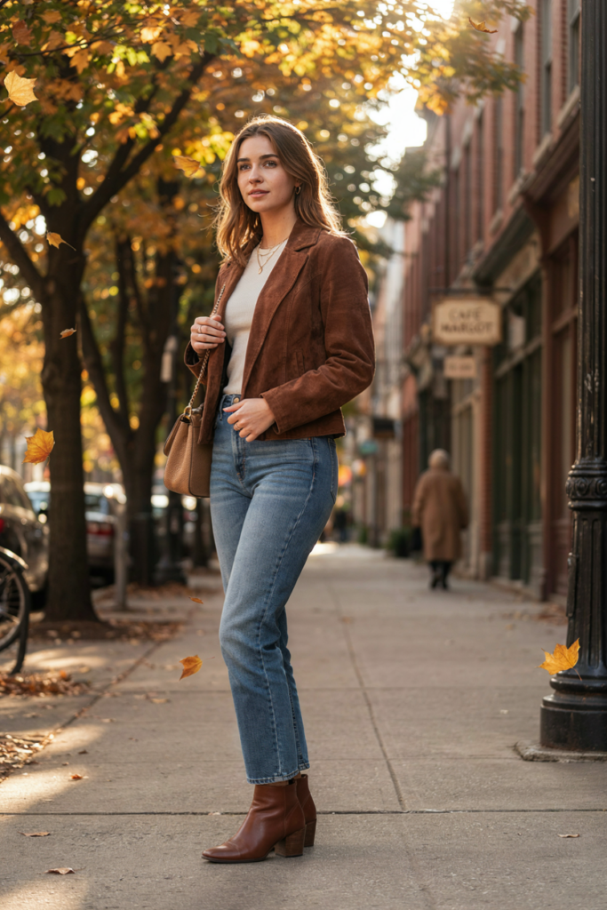woman wearing a chocolate brown faux suede jacket over a fitted cream knit top with relaxed straight-leg blue jeans and brown ankle boot.