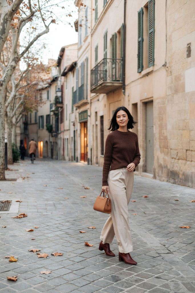 Woman wearing high-waisted beige wide-leg trousers, fitted chocolate brown knit sweater, pointed ankle boots and leather handbag.