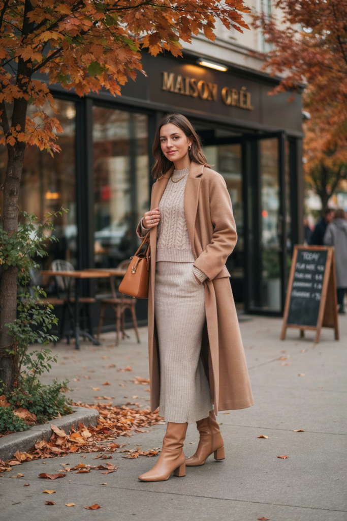 a stylish woman wearing a matching oatmeal knit sweater and knit midi skirt set with ankle boots.