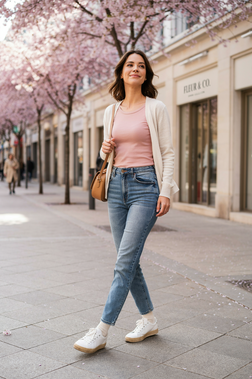 woman wearing high-waisted relaxed straight-leg blue jeans, a soft blush pink fitted top, lightweight cream cardigan, white sneakers, and a tan crossbody bag, walking along a modern spring city street with flowering trees