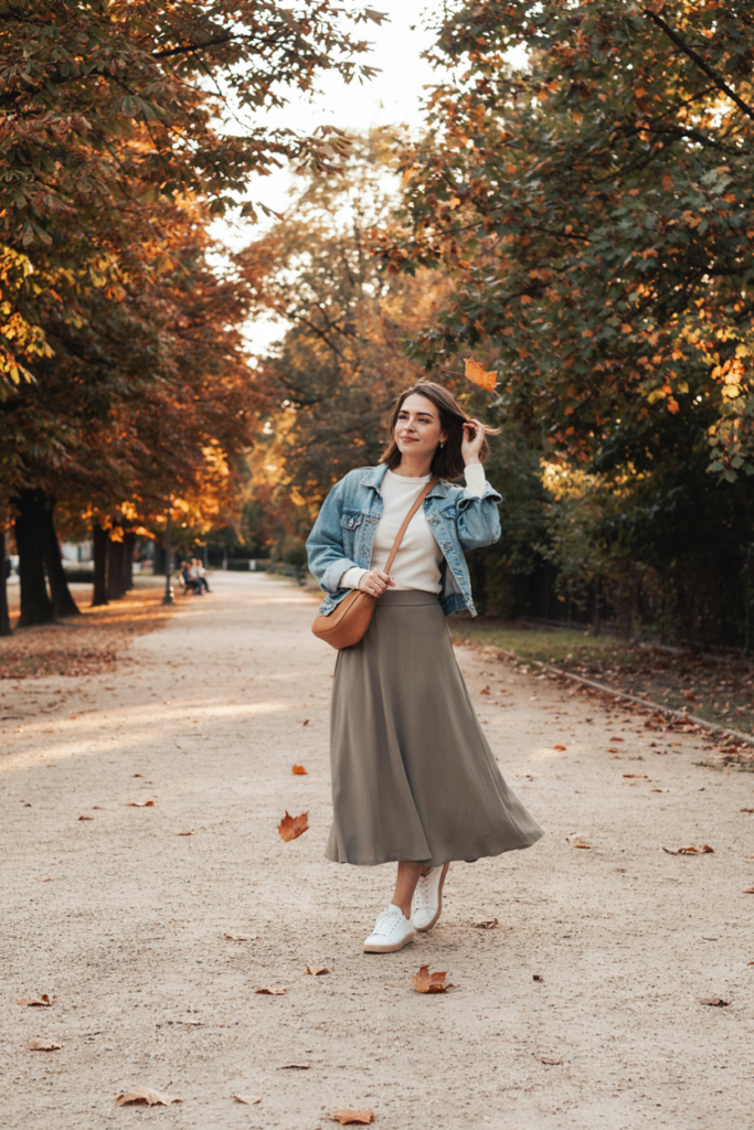 Woman wearing a flowing olive maxi skirt, cream long-sleeve top, blue denim jacket, white sneakers and tan crossbody bag, autumn park