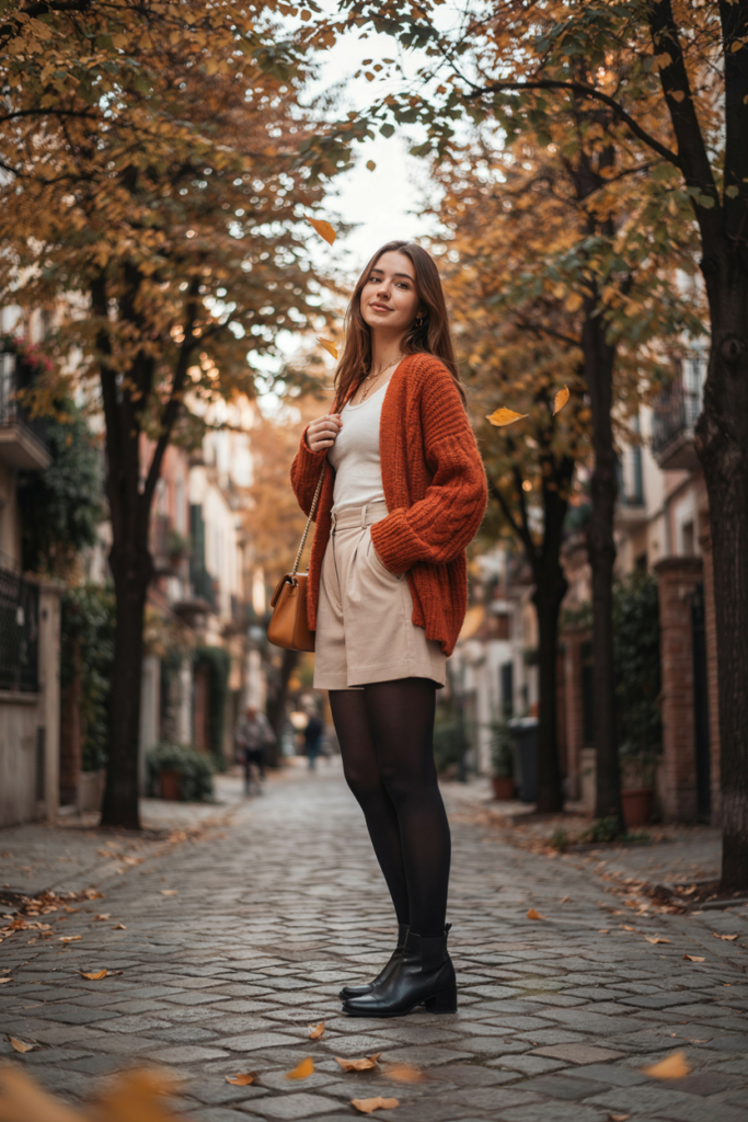 a stylish woman wearing a chunky rust-colored cardigan with tailored beige shorts, black tights, and black ankle boots.
