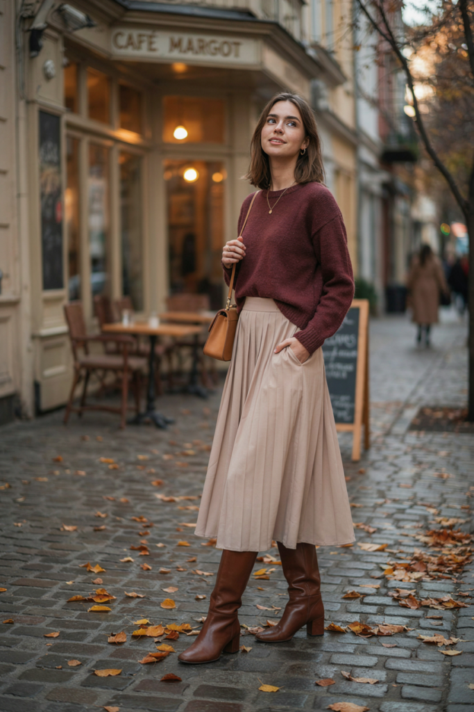 woman wearing a beige pleated midi skirt with a relaxed burgundy knit sweater and brown ankle boots.