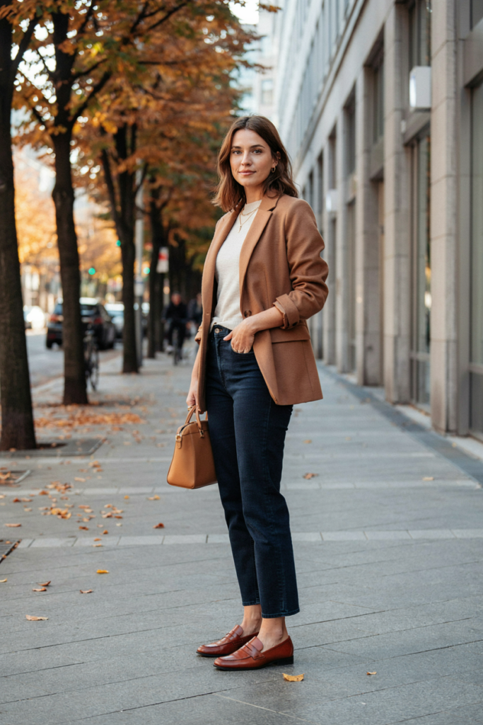 a woman wearing a tailored camel blazer over a fitted cream knit top with dark straight-leg jeans and loafers.