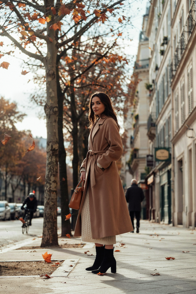 Woman wearing a long belted camel coat over a cream knit dress, black ankle boots and structured handbag, elegant autumn city background