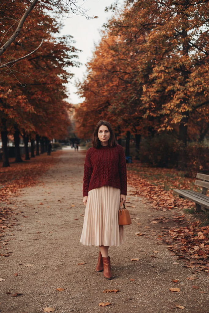 Woman wearing a flowing beige pleated midi skirt, oversized burgundy chunky sweater, brown ankle boots and small handbag